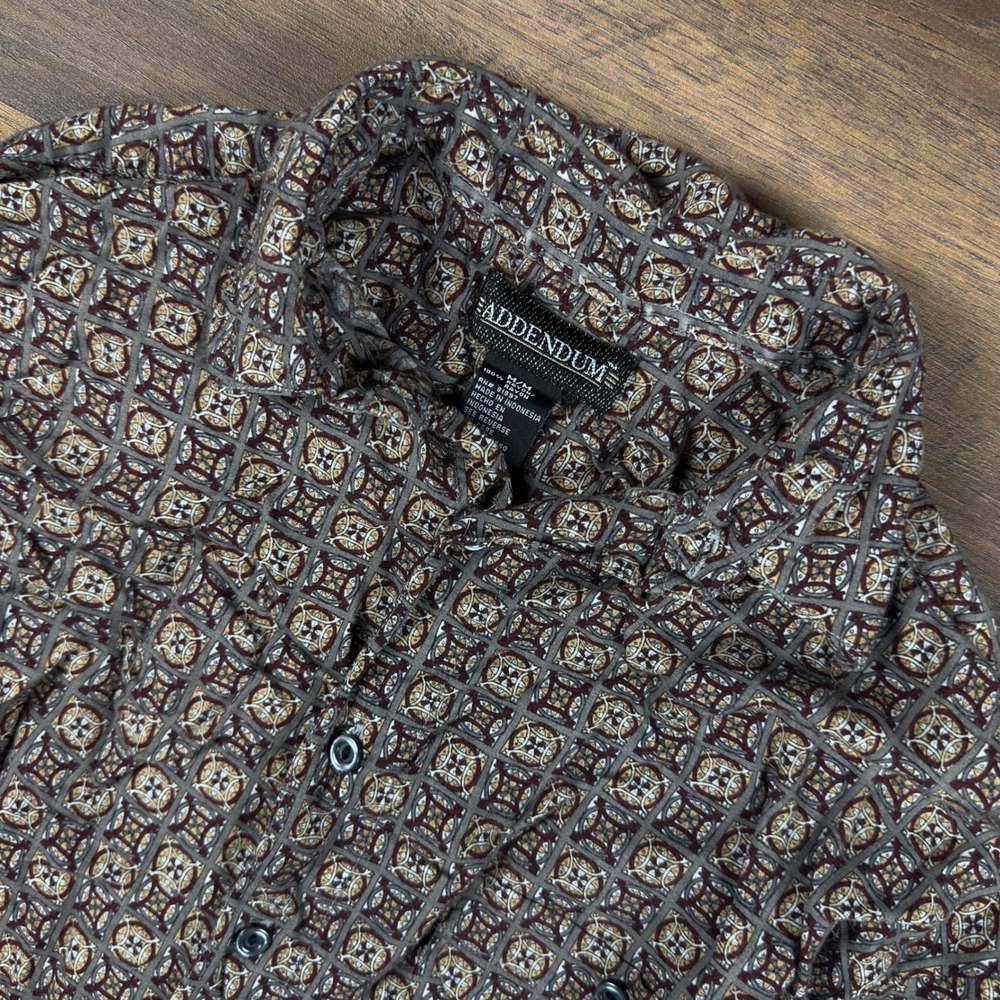 Addendum Mens Short Sleeve Rayon Button Down Shirt Geometric Medallion Brown M